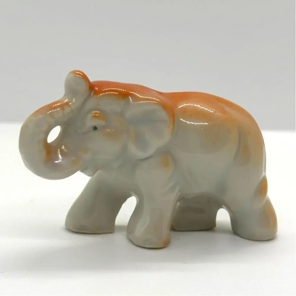 Vintage MCM Small Porcelain Elephant Figurine, Orange and White, Japan
